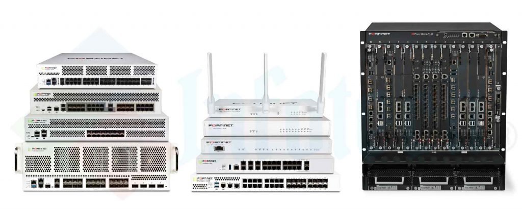 Fortinet rack-mounted hardware appliances providing enterprise network security, firewall, and VPN solutions.