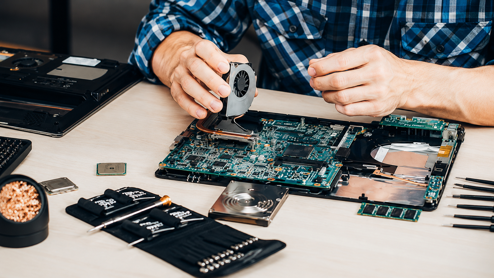 Technician repairing laptop hardware at Tasmeem's electronic service center